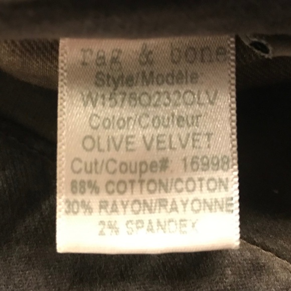Rag & Bone Olive Velvet 5-pocket cropped skinny jeans with zippered ankles (26) - Picture 12 of 16